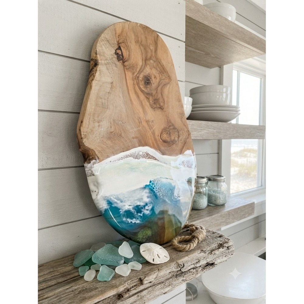 Olive Wood Resin Ocean Board Charcuterie Coastal Serving Tray Decor